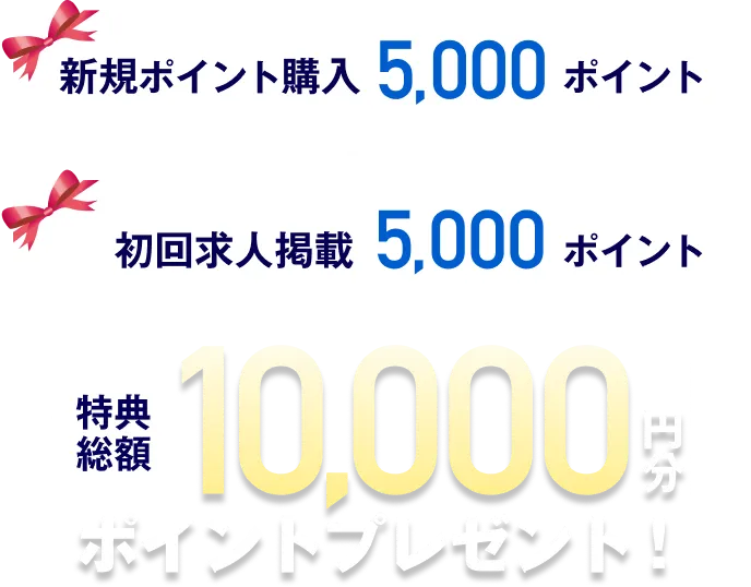 新規ポイント購入5,000ポイント＋初回求人掲載5,000ポイント 特典総額10,000円分ポイントプレゼント！